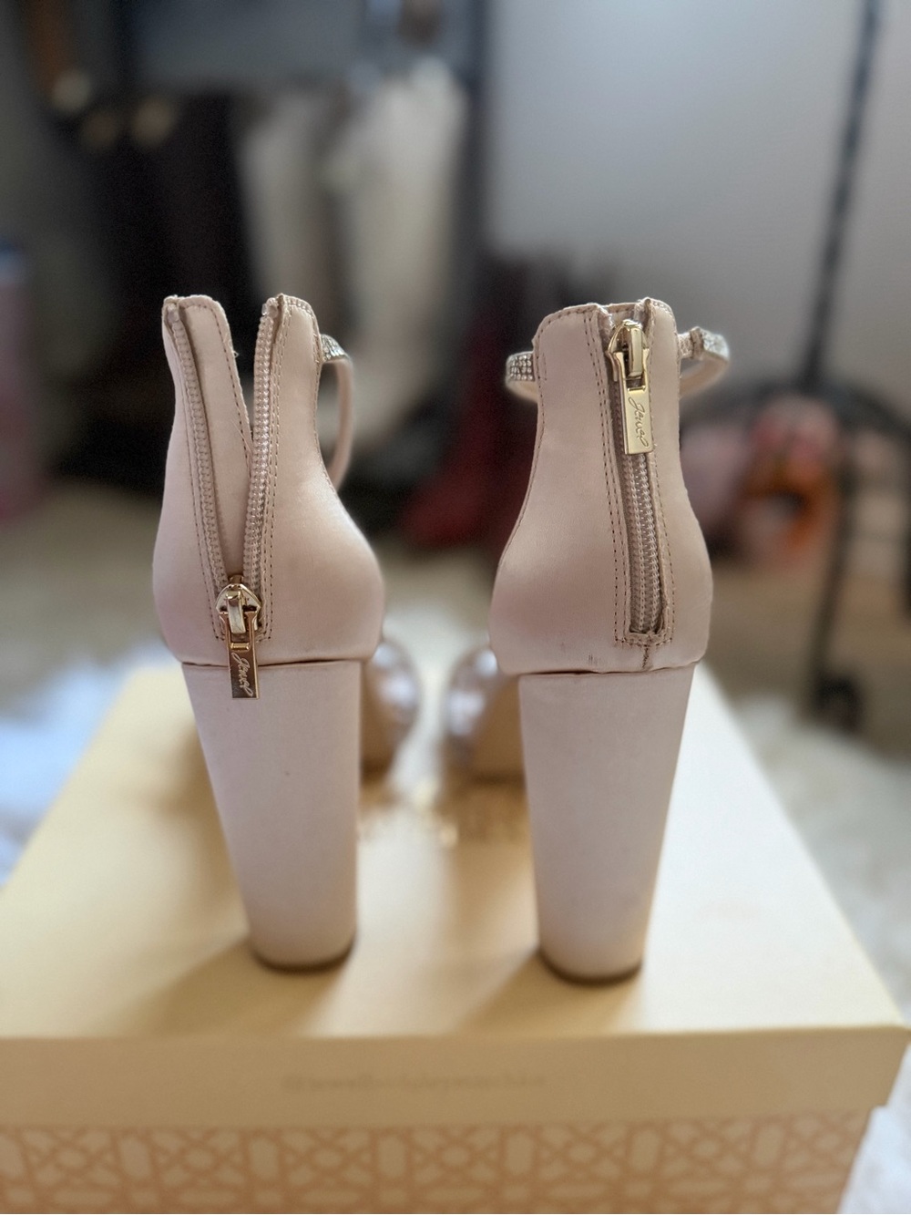 Badgley Mischka Blush Crystal-Knot Ankle-Strap Block Heels - Picture 2 of 5